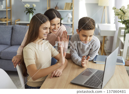 Mother And Kids Participating In Online Video Call Using Laptop At Home 137860481