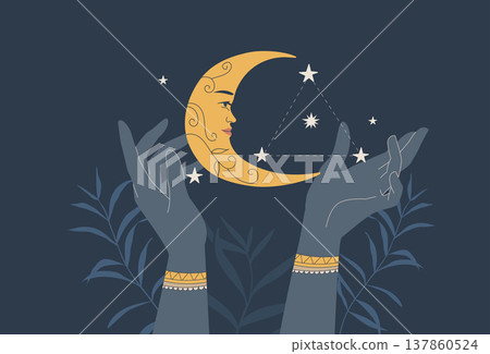Hands of a woman casting spells, Black magic and nature of tropical leaves, Horoscopes and astrological predictions, Boho style with moon, and divine stars. Vector design illustration. 137860524