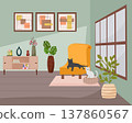 Two cats resting in a cozy modern living room interior. Apartment with yellow armchair, house plants, and minimalist decor. Comfortable home environment, pet lifestyle and relaxation. 137860567