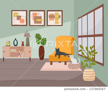 Two cats resting in a cozy modern living room interior. Apartment with yellow armchair, house plants, and minimalist decor. Comfortable home environment, pet lifestyle and relaxation. Two cats resting in a cozy modern living room interior. Apartment with yellow armchair, house plants, and minimalist decor. Comfortable home environment, pet lifestyle and relaxation. 137860567