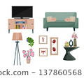 Set of furniture and decor for living room interior. Sofa, tv stand, floor lamp, houseplant and picture frame. Modern home design elements collection for apartment renovation project. 137860568