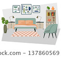 Modern bedroom interior with comfortable bed, nightstand, armchair and bookshelf. Flat illustration of cozy home furniture design. Minimalist style apartment with abstract wall art. 137860569