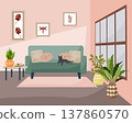 Black cat sleeping on cozy sofa in modern living room interior. Flat illustration of home design with houseplant, window and wall picture. Peaceful domestic atmosphere and lifestyle. 137860570