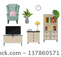 Set of home furniture including a cozy armchair, television, bookshelf, and bedside table with lamp. Interior design collection for apartment furnishing and lifestyle concept decoration. 137860571