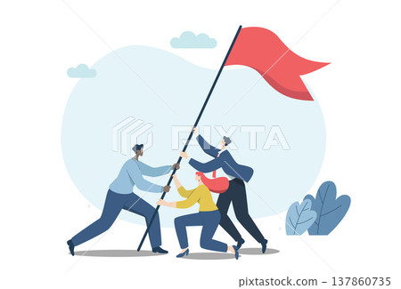 Strong teamwork leading to success for organizations, business people working as a team or partners helping to raise the flag of victory. Vector design illustration. Strong teamwork leading to success for organizations, business people working as a team or partners helping to raise the flag of victory. Vector design illustration. 137860735