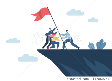 Strong teamwork leading to success for organizations, business people working as a team or partners helping to raise the flag of victory on the top of the highest mountain. Vector design illustration. Strong teamwork leading to success for organizations, business people working as a team or partners helping to raise the flag of victory on the top of the highest mountain. Vector design illustration. 137860737