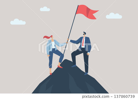 Strong teamwork leading to success for organizations, business people working as a team or partners helping to raise the flag of victory on the top of the highest mountain. Vector illustration. Strong teamwork leading to success for organizations, business people working as a team or partners helping to raise the flag of victory on the top of the highest mountain. Vector illustration. 137860739