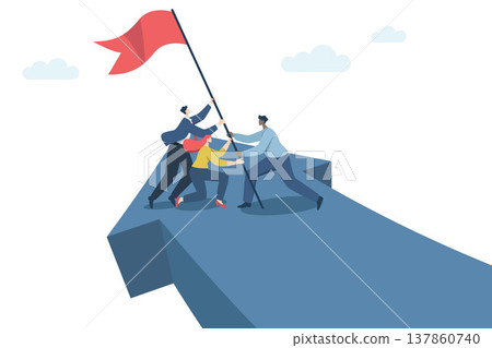 Strong teamwork leading to success for organizations, business people working as a team or partners helping to raise the flag of victory. Vector design illustration. 137860740