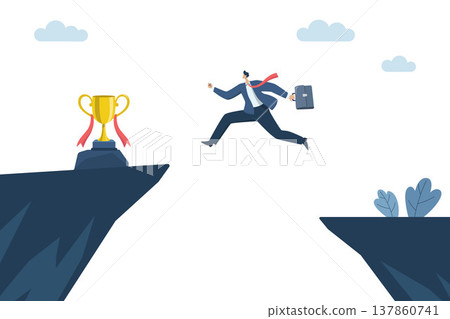 Brave business man overcome challenging risks drive towards goals and success, Businessman jumping over the abyss go for the Achievement Trophy. Vector design illustration. Brave business man overcome challenging risks drive towards goals and success, Businessman jumping over the abyss go for the Achievement Trophy. Vector design illustration. 137860741