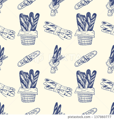 Bread basket seamless pattern with baguette bundles in outline style Bread basket seamless pattern with baguette bundles in outline style 137860777