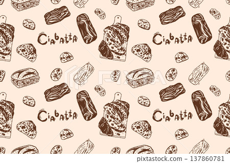 Italian ciabatta seamless pattern with lettering in doodle outline style Italian ciabatta seamless pattern with lettering in doodle outline style 137860781