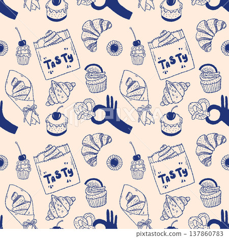 Sweet bakery seamless pattern with pastries and hand lettering doodle style Sweet bakery seamless pattern with pastries and hand lettering doodle style 137860783