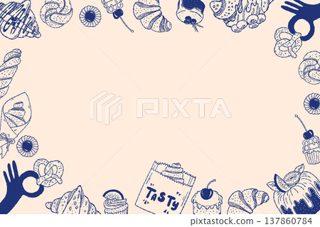 Sweet pastry border frame with desserts in outline doodle style Sweet pastry border frame with desserts in outline doodle style 137860784