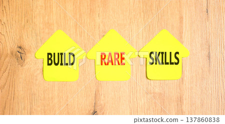 Build rare skills words symbol. Concept words Build rare skills on beautiful yellow paper houses. Beautiful wooden background. Business and build rare skills concept. Copy space. Build rare skills words symbol. Concept words Build rare skills on beautiful yellow paper houses. Beautiful wooden background. Business and build rare skills concept. Copy space. 137860838