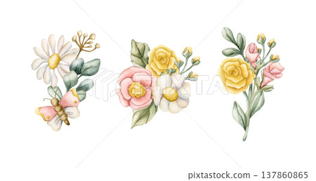 Cute Colourful Meadow Flower Bouquet Set. Watercolor summer spring bloom floral illustration hand painted isolated on white background for nursery baby kids design fresh prints cards posters textile Cute Colourful Meadow Flower Bouquet Set. Watercolor summer spring bloom floral illustration hand painted isolated on white background for nursery baby kids design fresh prints cards posters textile 137860865
