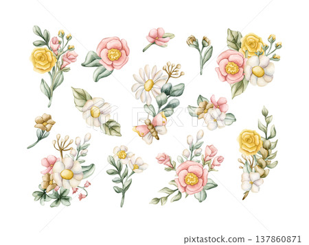 Cute Colourful Meadow Flower Bouquet Set. Watercolor summer spring bloom floral illustration hand painted isolated on white background for nursery baby kids design fresh prints cards posters textile Cute Colourful Meadow Flower Bouquet Set. Watercolor summer spring bloom floral illustration hand painted isolated on white background for nursery baby kids design fresh prints cards posters textile 137860871