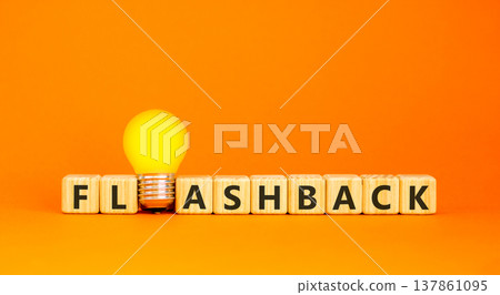Flashback symbol. Concept word Flashback on beautiful wooden blocks. Beautiful orange background. Beautiful yellow light bulb. Business education flashback concept. Copy space. Flashback symbol. Concept word Flashback on beautiful wooden blocks. Beautiful orange background. Beautiful yellow light bulb. Business education flashback concept. Copy space. 137861095