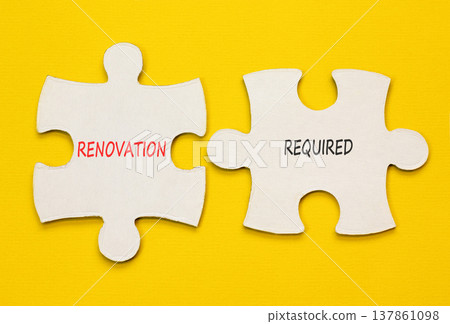 Renovation required words symbol. Concept words Renovation required on beautiful white puzzles. Beautiful yellow background. Business and Renovation required words concept. Copy space. Renovation required words symbol. Concept words Renovation required on beautiful white puzzles. Beautiful yellow background. Business and Renovation required words concept. Copy space. 137861098