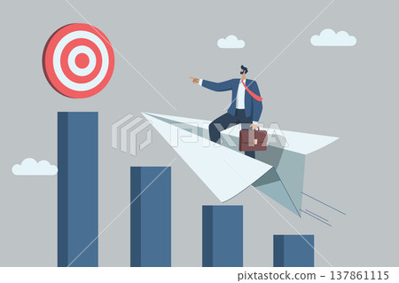 Ambitious businessman leader riding paper plane to professional success. Go for the set goal. Businessman flying over bar graphs towards the goal. Vector design illustration. 137861115