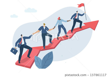 Teamwork of business people and unity of employees, Outstanding Company Leadership, Investment Growth, Team of businessman is climbing after a soaring arrow. Vector design illustration. Teamwork of business people and unity of employees, Outstanding Company Leadership, Investment Growth, Team of businessman is climbing after a soaring arrow. Vector design illustration. 137861117