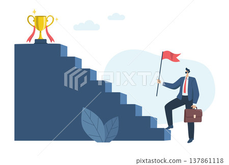The first step to start, difficult path is the path to beautiful rewards The challenge to goals and starting, Businessman started walking up the stairs in search of a trophy. Vector illustration. 137861118