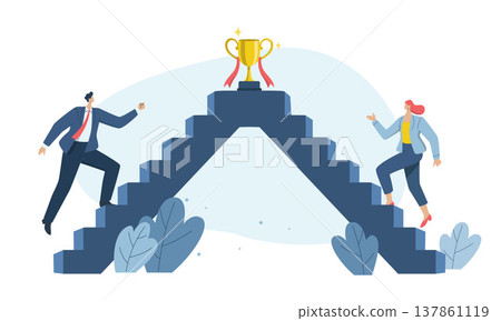 Stairway to the goal There are many people trying to go up. Companies compete for key customer segments. Many businessman compete with each other to win the trophy. Vector design illustration. Stairway to the goal There are many people trying to go up. Companies compete for key customer segments. Many businessman compete with each other to win the trophy. Vector design illustration. 137861119