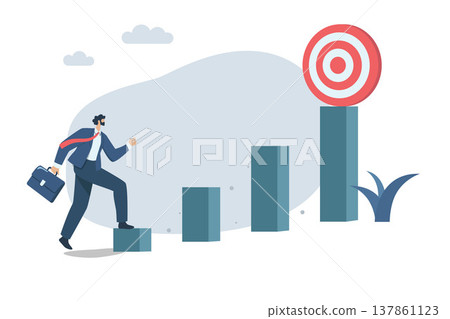 Leadership to build growth company, Career development, Walk and climb the ladder of business success, Motivation, Businessman walking on bar graph towards business goals, Vector illustration. Leadership to build growth company, Career development, Walk and climb the ladder of business success, Motivation, Businessman walking on bar graph towards business goals, Vector illustration. 137861123