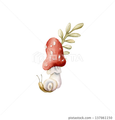 Cute Fly Agaric Mushroom with snail leaves. Watercolor summer floral forest illustration hand painted isolated on white background nursery baby kids design fresh whimsical prints cards mystery textile Cute Fly Agaric Mushroom with snail leaves. Watercolor summer floral forest illustration hand painted isolated on white background nursery baby kids design fresh whimsical prints cards mystery textile 137861150