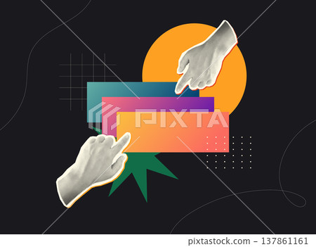 Trendy Halftone Collage style illustration of two hands pointing at stacked colorful gradient cards on dark background, representing highlighting options, selection and choice concept. 137861161