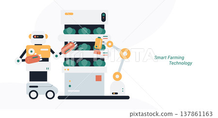 Flat style illustration of a robot and robotic arm harvesting vegetables on vertical farm shelves, representing smart farming technology, agricultural automation and innovation concept. Flat style illustration of a robot and robotic arm harvesting vegetables on vertical farm shelves, representing smart farming technology, agricultural automation and innovation concept. 137861163