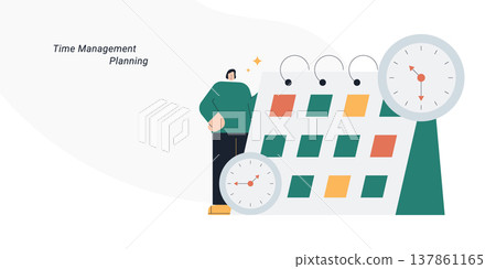 Flat style illustration of a person standing next to a large calendar with two clocks, representing time management, planning, schedule and productivity concept. Flat style illustration of a person standing next to a large calendar with two clocks, representing time management, planning, schedule and productivity concept. 137861165