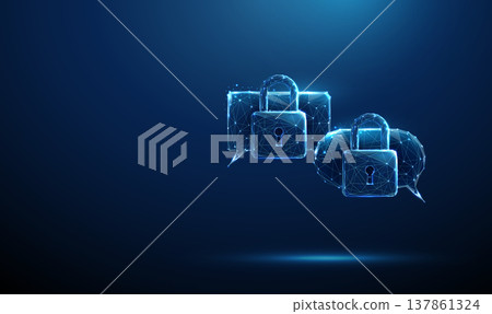3d two blue speech bubbles with padlocks. Secure communication channel, encrypted messaging, confidential information exchange, cybersecurity dialogue concept 137861324