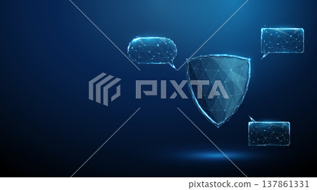 3d shield surrounded by speech bubbles. Protection, security, access control, safe communication, digital defense, monitoring, confidential conversation concept. 137861331
