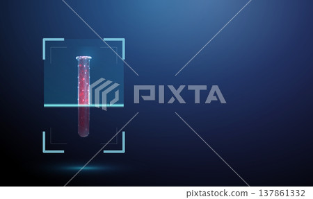3d blood vial inside digital scanning frame. Hematology analysis, blood testing, disease detection, infection screening, laboratory diagnostics, clinical examination concept. 3d blood vial inside digital scanning frame. Hematology analysis, blood testing, disease detection, infection screening, laboratory diagnostics, clinical examination concept. 137861332