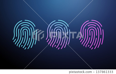 3 fingerprints in blue, blue-pink gradient, pink, scanning progress effect. Biometric scanning process, identity verification, progressive fill visualization concept. 3 fingerprints in blue, blue-pink gradient, pink, scanning progress effect. Biometric scanning process, identity verification, progressive fill visualization concept. 137861333