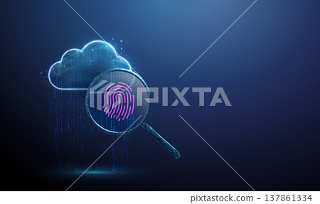 3d data cloud with stream of data under magnifying glass with fingerprint. Biometric scanning, cloud security inspection, encrypted information monitoring concept 3d data cloud with stream of data under magnifying glass with fingerprint. Biometric scanning, cloud security inspection, encrypted information monitoring concept 137861334