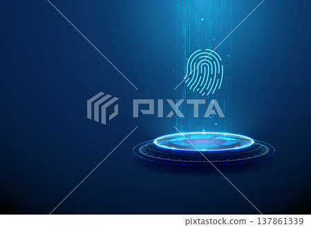 3d futuristic podium with vertical stream of data points with blue fingerprint. Biometric data visualization, secure identity verification, digital authentication flow concept. 3d futuristic podium with vertical stream of data points with blue fingerprint. Biometric data visualization, secure identity verification, digital authentication flow concept. 137861339