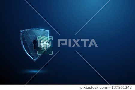 3d shield with keyhole and fingerprint digital scanning frame. Biometric authentication, secure access control, identity verification, encrypted entry system concept. 137861342