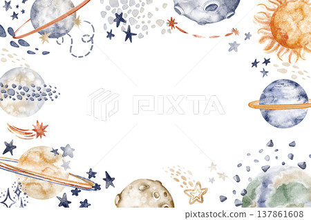 Frame Template with Planets Watercolor Hand Painted Frame Template with Planets Watercolor Hand Painted 137861608