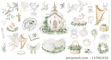 Baptism Icons Set Watercolor Hand Painted Baptism Icons Set Watercolor Hand Painted 137861616
