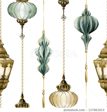 Hanging Lantern Seamless Pattern. Arabic style golden lamp Watercolor hand painted isolated illustration on white background for Ramadan design Muslim holiday Eid Mubarak Al Fitr Adha wrapping paper 137861653