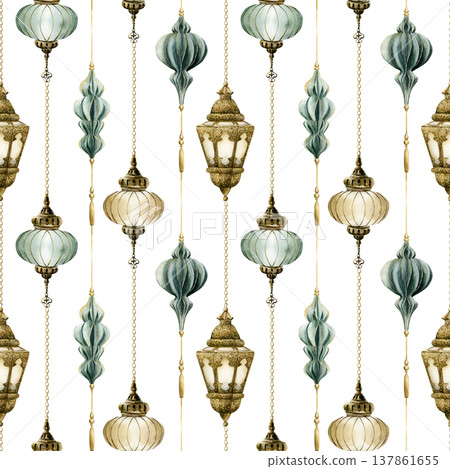 Hanging Lantern Seamless Pattern. Arabic style golden lamp Watercolor hand painted isolated illustration on white background for Ramadan design Muslim holiday Eid Mubarak Al Fitr Adha wrapping paper 137861655
