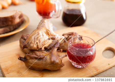 Baked Partridge Served on Cutting Board Baked Partridge Served on Cutting Board 137861691