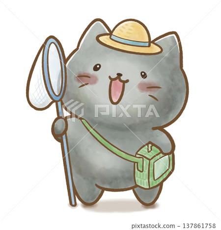 A black cat catching insects while wearing a straw hat. Transparent background/white background. Perfect for summer activities, outdoor play, nature observation, and summer vacation event announcements. 137861758
