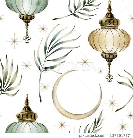 Hanging lantern crescent moon and tropical leaves seamless pattern. Watercolor hand drawn isolated illustration on white background for Muslim holiday Ramadan Kareem design Eid Mubarak nursery kids Hanging lantern crescent moon and tropical leaves seamless pattern. Watercolor hand drawn isolated illustration on white background for Muslim holiday Ramadan Kareem design Eid Mubarak nursery kids 137861777