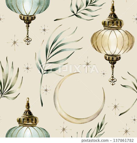 Hanging lantern crescent moon and tropical leaves seamless pattern. Watercolor hand drawn isolated illustration on beige background for Muslim holiday Ramadan Kareem design Eid Mubarak nursery kids 137861782