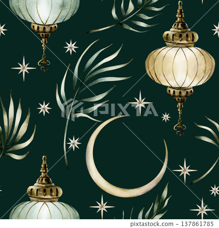 Hanging lantern crescent moon and tropical leaves seamless pattern. Watercolor hand drawn isolated illustration on green background for Muslim holiday Ramadan Kareem design Eid Mubarak nursery kids Hanging lantern crescent moon and tropical leaves seamless pattern. Watercolor hand drawn isolated illustration on green background for Muslim holiday Ramadan Kareem design Eid Mubarak nursery kids 137861785
