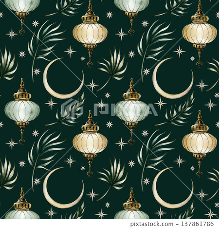 Hanging lantern crescent moon and tropical leaves seamless pattern. Watercolor hand drawn isolated illustration on green background for Muslim holiday Ramadan Kareem design Eid Mubarak nursery kids 137861786