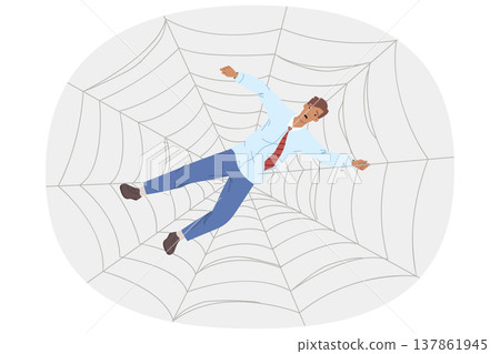 Trap for business man in form of cobweb symbolizes network of fraudsters want to steal money Trap for business man in form of cobweb symbolizes network of fraudsters want to steal money 137861945
