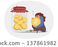 Woman saves and accumulates money to achieve financial security, sits near large jar of coins 137861982